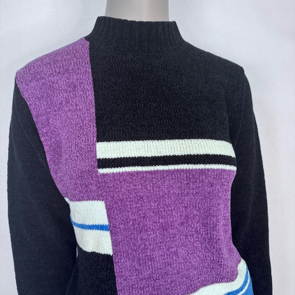 VIT 90s Chenille Color Block Sweater Purple Blue Geometric Knit Large Pop Art - Picture 3 of 6